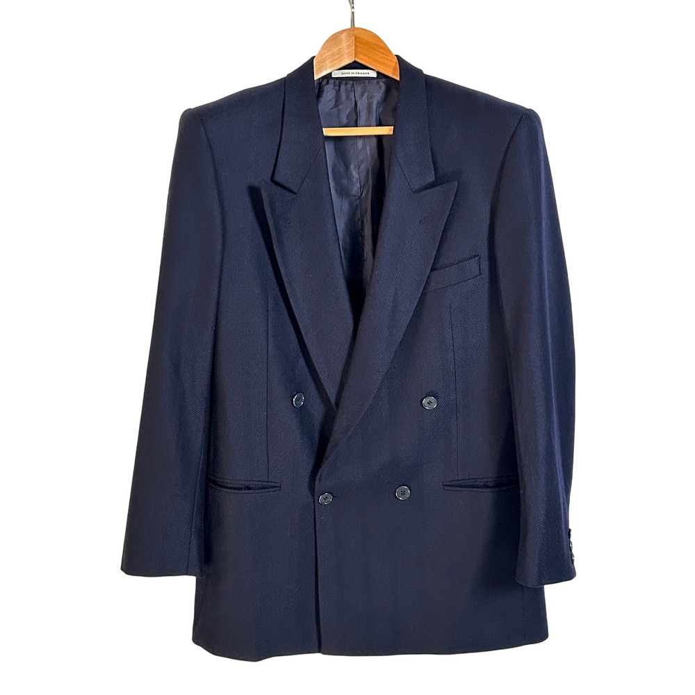 Vintage Yves Saint Laurent Mens 40R Double Breasted Blazer Wool Navy Herringbone